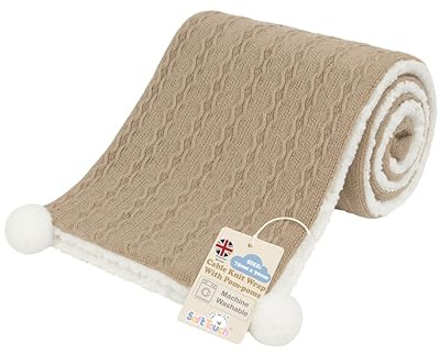 Soft Touch Infant's Cable Knit Blanket Wrap with Pom-Pom's and Super Soft Sherpa Back (Coffee)