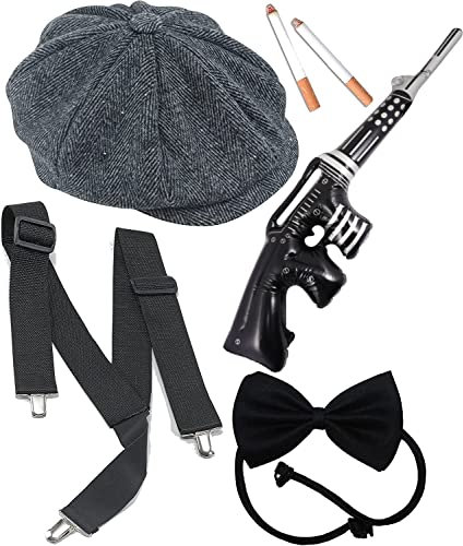 Dreamzfit - 1920er Jahre Al Capone Gangster Peaky Blinder Gatsby Kostüm für Männer Kostüm - Schirmmütze, Hosenträger, schwarze Fliege, künstliche Zigarette und Tommy Gun, Mehrfarbig