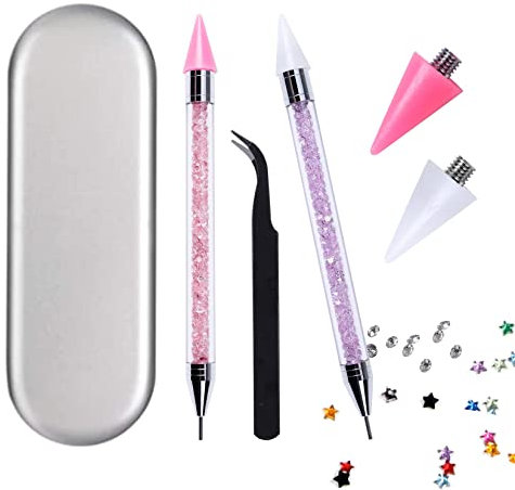 ANGNYA Set of 2 Rhinestone Picker Dotting Pen with Two Interchangeable Wax Heads and 1 x Tweezers, Dotting Pen Rhinestone Gems Crystals Studs Jewel Picker Nail Art DIY Decoration Tool (Pink Purple)