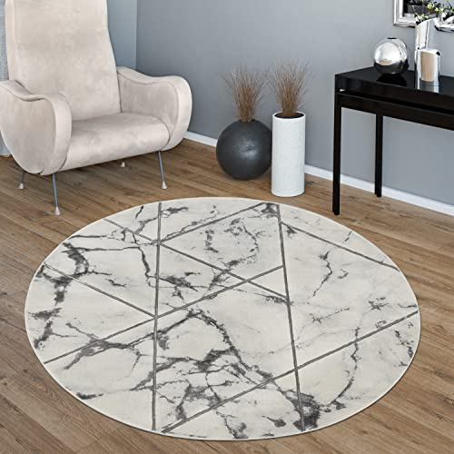 Paco Home Wohnzimmer-Teppiche Grau Gold Weich Marmor Optik Kurzflor mit vers. Designs, Grösse:120 cm Rund, Farbe:Silber 4