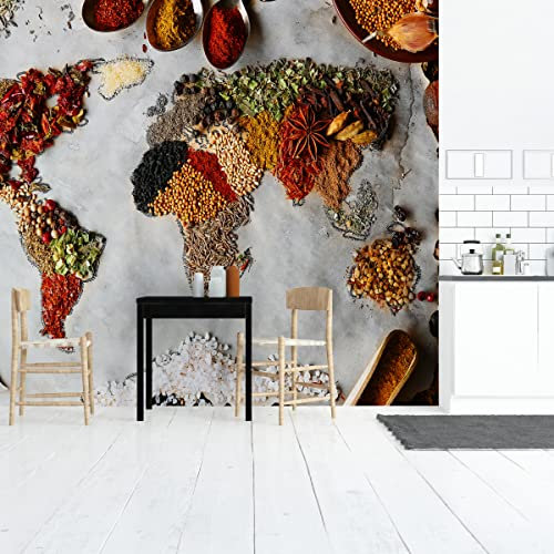 Wallepic Selbstklebende Fototapete Küche Gewürze Natur Paprika Kräuter 520 x 318 Moderne Tapete XXL Blätter Weltkarte Holzoptik Küche Esszimmer Restaurant Wandtapete Br. 520 cm x Hö. 318 cm