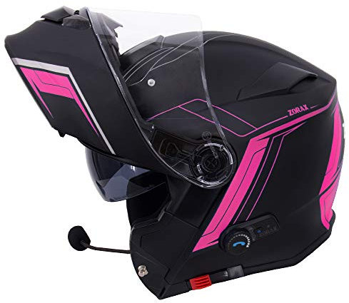 Zorax Matt Black/Pink M (57-58cm) Anti-Fog Visor Motorbike Flip up Helmet fitted with Blinc Bluetooth System Motorcycle Double Visor + Pinlock Lens