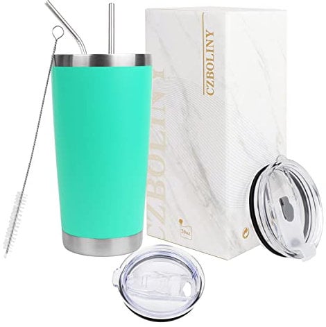 CZBOLINY 20oz Tumbler with 2 Lids,2 Straws,Insulated Stainless Steel Coffee Travel Mug,Insulated Cup Mug,Double Wall Vacuum Thermal Coffee Cups with Splash Proof Sliding Lid(Aquamarine Blue Tumbler)