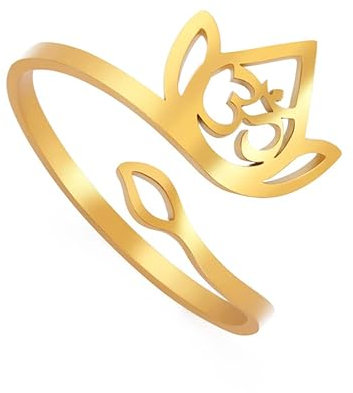 Lotus Om Ring für Frauen Edelstahl Spiritueller Buddhismus Schrift Offener Lotus OM Symbol Ring Religiöser Yogi Symbol Schmuck (Gold)