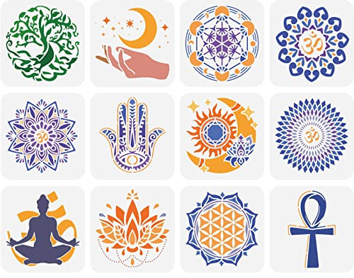 FINGERINSPIRE 12 Stück Heilige Geometrie Schablone 15x15cm Mandala Schablone Plastik Yoga Lotus Blumen Lebensbaum Hamsa Hand Sonne Mond Muster Schablone Wiederverwendbare für Haus Wand Boden Dekor