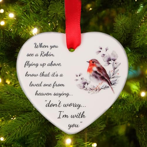 GEBETTER Christmas Memorial Baubles Ornaments Ceramic Heart Plaque When You See A Robin Christmas Tree Hanging Bauble Ornament Christmas Memorial Gifts Christmas Tree Hanging Decor
