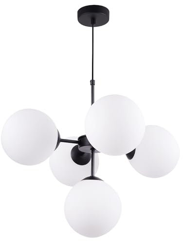 Light-Home Imperia Hängelampe - Deckenlampe für Wohnzimmer Schlafzimmer und Esszimmer- Pendelleuchte aus Metall und Glas - E14-5-Flammig - Schwarz Basis und Weiß