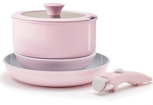 Florosa Juego de ollas y sartenes de cerámica, 5 piezas, 20/26 cm, no tóxico, sartén antiadherente con tapa y asas extraíbles, apta para inducción y horno, libre de PTFE y PFOA, color rosa