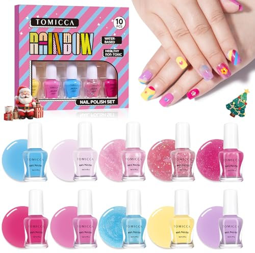 TOMICCA Kinder Nagellack Set 10 Farben Ungiftig Geruchlos Peel Off Aqua Nagellack Schnell Trocken Kindernagellack Geschenke Kit, DIY-Nagelkunstdesigns für Mädchen ab 3 Jahren