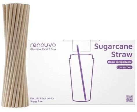 RENOUVO Sugarcane Straws - Home-compostable, Carbon Footprint Verified, Plastic-free, PFAS-free, Eco-friendly Straws for Sodas, Juices, Coffee & More (REGULAR STRAW BOX of 500 SIZE 8.27 x 0.24)