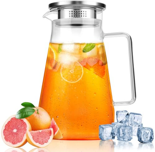 Vilomdur 1,5 Litre Caraffa in Vetro, Brocca Acqua Vetro con Coperchio, Trasparente e Resistente Calore Caraffa Acqua in Vetro Borosilicato, per Acqua Calda e Fredda, Latte, Vino, Succhi di Frutta