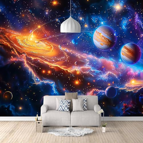 3D Effekt Tapete Selbstklebend In Voller Größe Sonnensystem, Planeten, Universum, blau 150x105cm Kulisse Dekorative Kunst Moderne Tv Die Vinyl Fototapete Wandbild Wohnzimmer Schlafzimmer