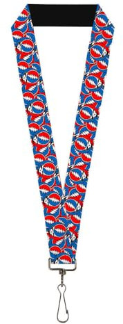 Buckle-Down Grateful Dead Keychain,Wallet,ID Card Holder,with Quick Release Lanyard- Steal Your Face Logo Stacked Red White Blue Elastic, rot / weiß / blau, 44 x 1