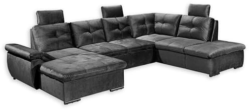 Stella Trading ALIJA Wohnlandschaft in U-Form in Schwarz - Ausziehbares Sofa mit Schlaffunktion, Bettkasten & Verstellbarer Armlehne - 334 x 84 (107) x 217 cm (B/H/T)