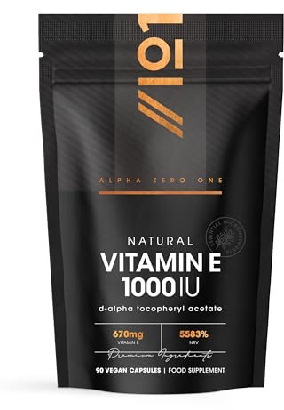 Vitamin E 1000IU D-Alpha Tocopherol – 100% Natural Vitamin E – 90 Vegan Capsules – Highly Absorbable – 3 Month Supply – Protects Cells from Oxidative Stress – by Alpha01
