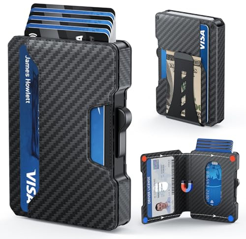 BESSIO Portafoglio da uomo, minimalista, sottile, in alluminio, porta carte di credito pop-up con clip per soldi, blocco RFID, tasca frontale in pelle, confezione regalo, Fibra di carbonio., 0.62 x