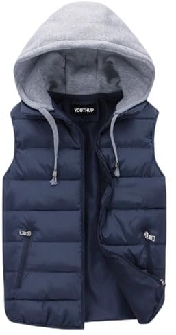 YOUTHUP Herren Steppweste mit Kapuze Leicht Winterweste Outdoor Dicke Freizeit Gilet Ärmellos Jacke Sport Weste, Blau, XXL