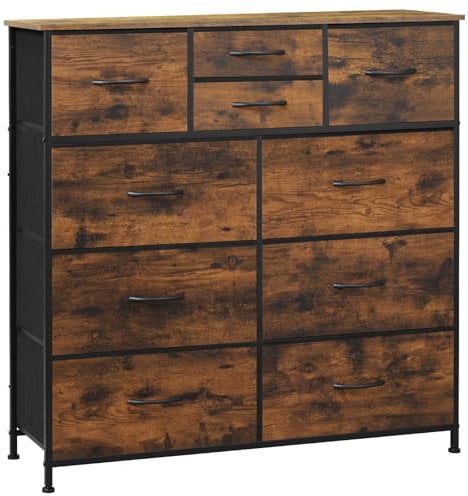 WOLTU Kommode mit 10 Schubladen aus Stoff, Sideboard Wohnzimmer, Kommodenschrank Schlafzimmer, Flur Schrank, aus Metallrahmen, industrieller Stil, Vintagebraun Schwarz, SSK009shm