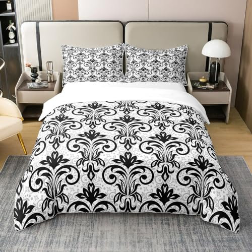Homemissing Blanc Et Noir 100% Coton Sets de Housse de Couette Enfants Vintage Jacquard Parure de Lit 200x200cm Noir Damask Housse de Couette Vinatge Floral Décoration Parure Housse de Couette