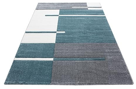 Stilvoll Günstig by ELMM Teppich Wohnzimmer Schlafzimmer Blau 140 x 200 Kariertes Design Kurzflor
