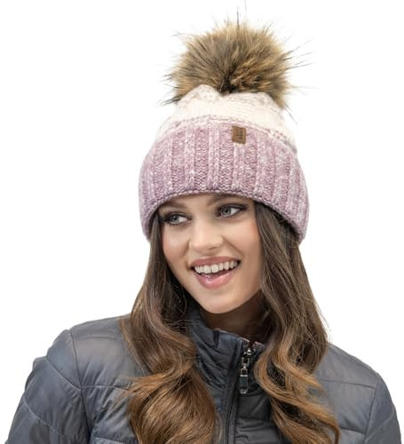 VIVISENCE Winter Damen Mütze Mit Bommel Perfekte Passform Warmes Bommelmütze Weichem Warmem Garn Mit Antistatischem Fleecefutter Ideal Für Herbst Und Winter Modell 70101, Pink,Einheitsgröße