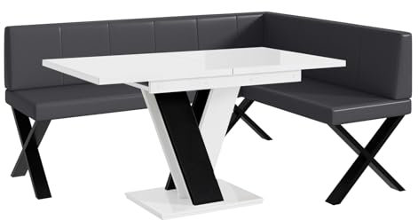 MEBLINI Eckbank für Esszimmer mit ausziehbarem Tisch - Küchenbank - Essecke - Sitzecke Küche - Peter - X-Beine 128x168x87cm Rechts - Grau Kunstleder/M Weiß-Schwarz Hochgl.