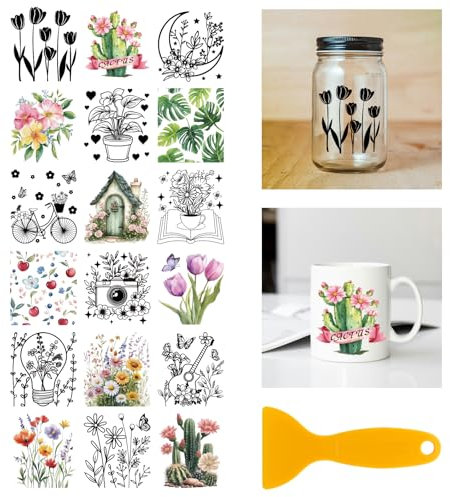 GLOBLELAND 18 Sheets Plants Flowers Rub on Transfer 3.9x3.6inch Colorful Tulip Cactus Daisy Butterfly Home Decals Leaves Cup Transfer Decals for Furniture Vase Glass Art Crafts Decorations