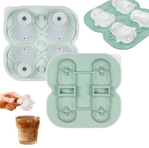 Bustlwor Silikon 4 Fächer Eiswürfel Form, 3D Pinguin-Eiswürfelformen Silikon, Eiswürfelform mit Pinguinen, BPA frei, Niedliche und lustige Geschenke für Whiskey (Grün)