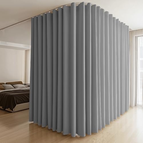 MaKefeile Raumteiler-Vorhang mit Flexibler biegbarer Schiene, 452 x 248 cm (B x H), 1 Paneel, Grauer Vorhang und weiße Schiene