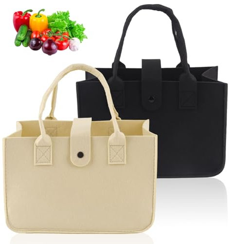 Xmart 2 Stück Filztasche Khaki und Schwarz 30x20x18 cm Filztaschen Shopper Robust und Langlebig Filztasche Klein Faltbar Filztaschen Geeignet Zum Picknicken Einkaufen Reisen und Arbeiten