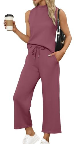 Topassion Zweiteiler Damen Ärmellose/Kurzarm Hosen Mit Weites Bein Hosenanzug 2 Teilig Leicht Tshirt Und Hose Elegant Sommeranzug Casual Sommer Outfits Bequem Jogginganzug Business Anzug(Purple,M)