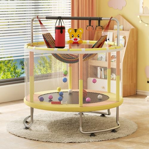 tinysiry 5FT Kids Indoor Outdoor Trampoline, Adjustable Toddler Gymnastics Trampoline with Basketball Hoop, Baby Swing, Safe Kids Jumping Trampolines, Heavy Duty Toddler Trampolines with Enclosure O