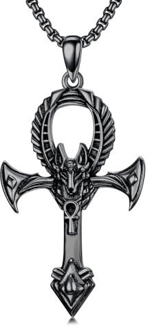 PROESS Schwarz Ankh Kette 925 Sterling Silber Anubis Kreuz Halskette Ankh Anhänger Halskette Ägyptisches Amulett Schmuck Christian Geschenke für Männer Frauen