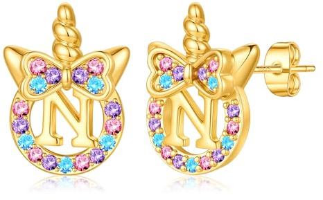 TINGN Einhorn Ohrringe für Mädchen Geschenke - Hypoallergene Silber 925 Bunte Regenbogen Zirkonia Ohrstecker mit Buchstaben Gold Ohrringe Kinder Schmuck Einhorn Geschenk für Mädchen 5-12 Jahre