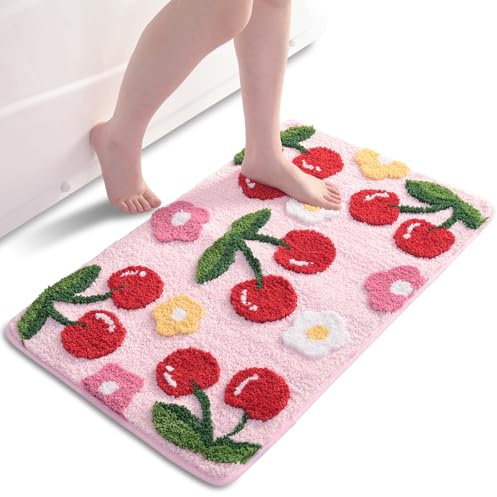 QJHOMO Pink Bath Mat Non Slip Bathroom Mats 50 x 80 cm, Cute Cherry Bathroom Accessories Flower Floor Mat, Thick Soft Microfiber Bathmat Machine Washable Bath Rug Absorbent Carpet for Bedroom