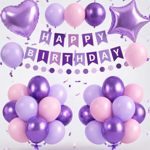 Purple Birthday Party Decorations for Girls Women Pastel Purple Pink Balloon Set Star Heart Foil Balloons Happy Birthday Bunting Banner Garland Lilac Violet Lavender Pink Princess Butterfly Decor Kit