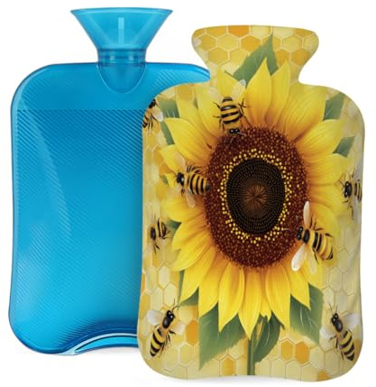 Mexpekil Wärmflasche mit weichem Flanellbezug, 2 l, großer Wärmbeutel zur Schmerzlinderung, warme Hände, Füße und Körper, ideales Geschenk für Erwachsene und Kinder (Sonnenblumenbienen-Waben)
