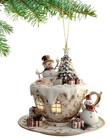 Gihioue Kaffeetassen Weihnachtskugel | Weihnachtsbaum Deko Außenbereich - 2D Acryl Schnee Haus Anhänger Für Damen Herren Jugend Rucksack Bücherregal Auto Innenraum Tasche