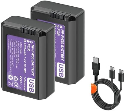 NP-FW50 NPFW50 NP FW50 Battery With USB-C Input, Compatible For Sony Alpha A6500 A6300 A6000 A5000 NEX-3 A7 A7RII A7SII A7S ZVE10 Cameras Battery(2pcs NP-FW50 Battery)