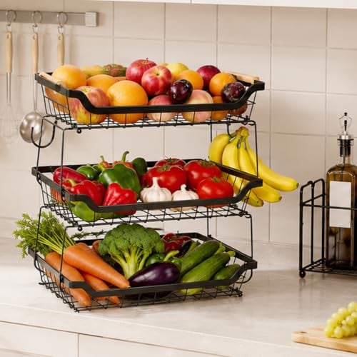 3 Tier Fruit Basket with Banana Hangers, Countertop Vegetable Storage | Fruit Organizer Rack, Detachable Metal Fruit Bowl Stand for Snack Veggie Bread Produce, Black