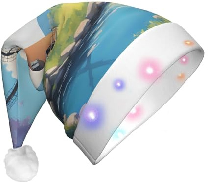 BOAIHH Plush LED Santa Christmas Hat for Exquisite beautiful river windmill Print Soft Blinking Fashion Festival Party Accessory