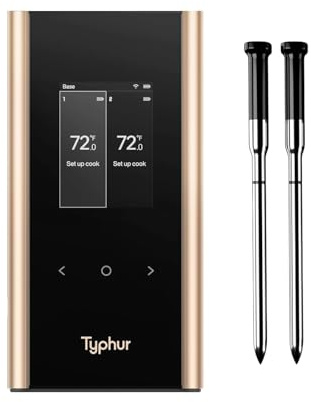 Typhur Sync Gold Wireless Termometro per Carne, 2 Sonde Sottili, 6 Sensori, Segnale 10x più Forte, Precisione ± 0,3 °C, Configurazione Diretta Base Intelligente, Lettura Affidabile Tramite Griglia