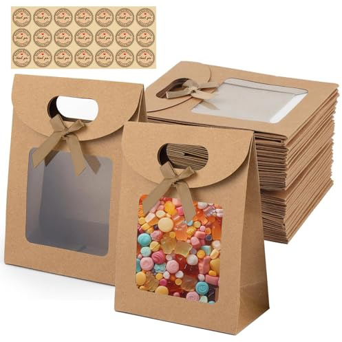 QingWing 20 Stück 16x12x6cm Geschenktüte mit Fenster Geschenktüten Brown | Kraft Papiertüten mit Griff Runden Aufkleber, Für Süßigkeiten Keksen Verpackung Hochzeit Weihnachten Party