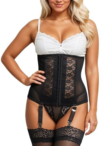 Generisch Corsetto sottoseno da donna, vintage, corsetto, shapewear, corsetto, lingerie top coscia, calze da donna, carnevale, stampa floreale, burleske, corsetto sotto il seno con reggicalze, R nero