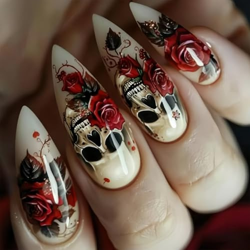 Faux ongles d'Halloween en forme d'amande - Motif tête de mort et rose - Ongles en ABS - Application facile - Durabilité - Thème fantôme - Faux ongles d'Halloween