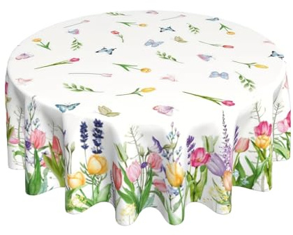 Frühling Tischdecke Abwaschbar, 180 cm Blumenmuster Tischdecke Stoff Rund, Floral Table Cloth, Ostern Teeparty Frühlingsdeko