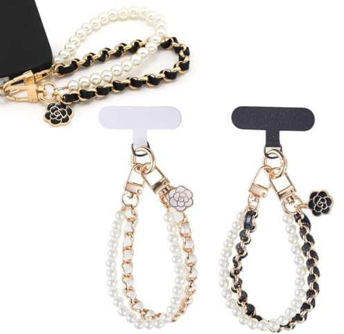 2 Piezas Correa para Teléfono Móvil con Cuentas, Colgante para Móvil con Perlas, con Cadena de Cuero de Metal et Flores, para Bolsos y Llaves