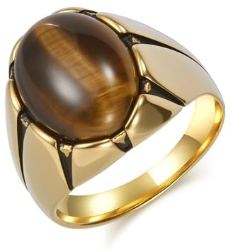 Ayoiow Herren Ring Edelstahl Breit, Vintage Oval Tigerauge Edelstahl Ring Breit für Ihn Kein Edelstein Gold-Tigerauge Größe 70 (22.3)