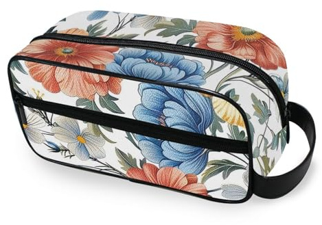 RPLIFE Kosmetiktasche mit Vintage-Blumenmuster, wasserabweisend, ästhetischer Make-up-Organizer, Tasche mit großer Öffnung für Damen, Weiß