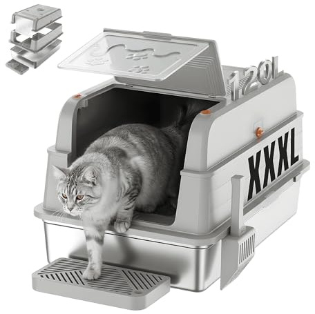 JUMMICO Lettiera Gatto Acciaio Inox XXXL 120L,Lettiera Acciaio Inox 3 in 1 (Aperta/Semi-Chiusa/Chiusa) con Coperchio 150°,Antigraffio Antiperdite,Pedaletta Antisabbia,Ideale per Famiglie con Più Gatti